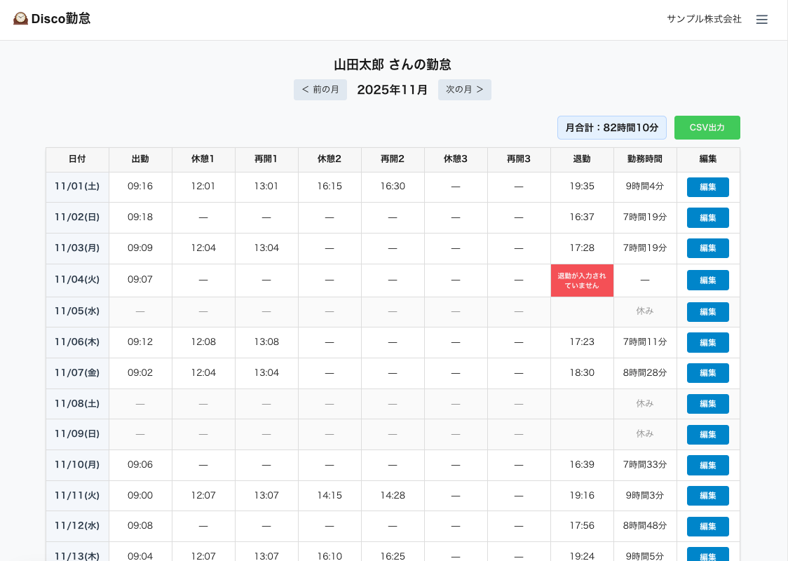 勤怠管理ダッシュボードWeb画面